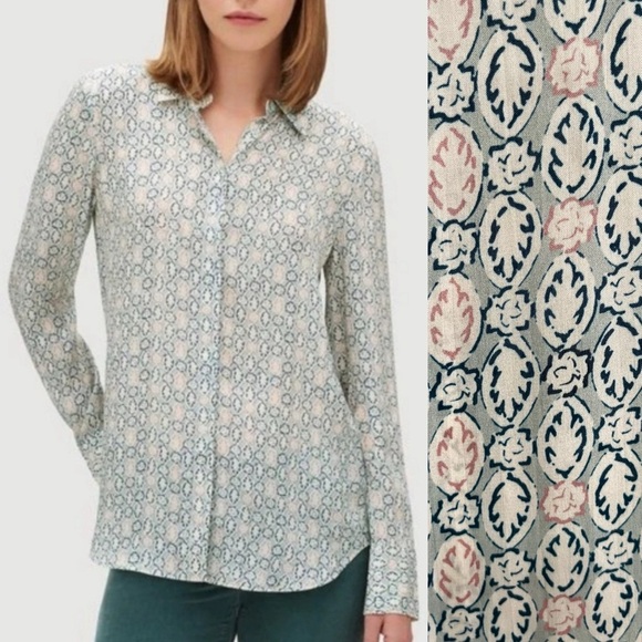 NWT Lafayette 148 Scottie Decorative Crepe Viscose Silk Blouse Button Up Large - Picture 1 of 12